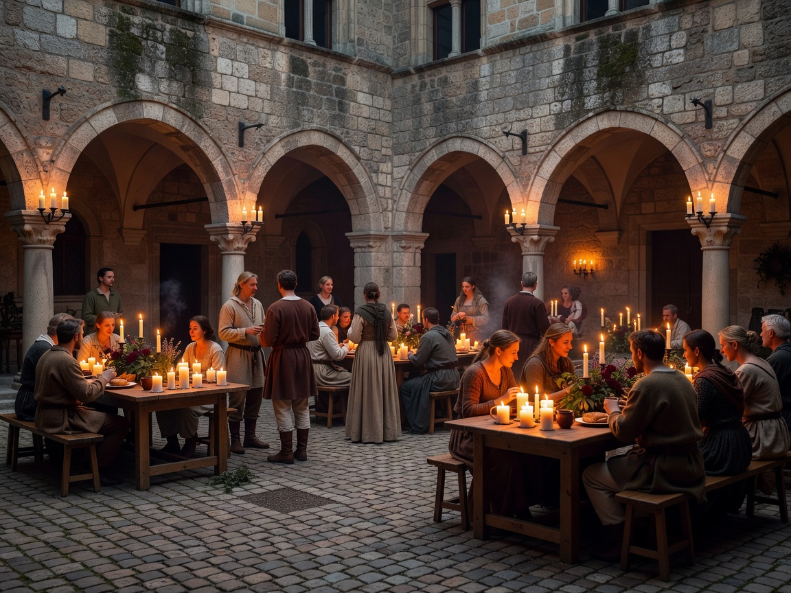 Atmospheric candlelit European evening reception in an architectural courtyard
