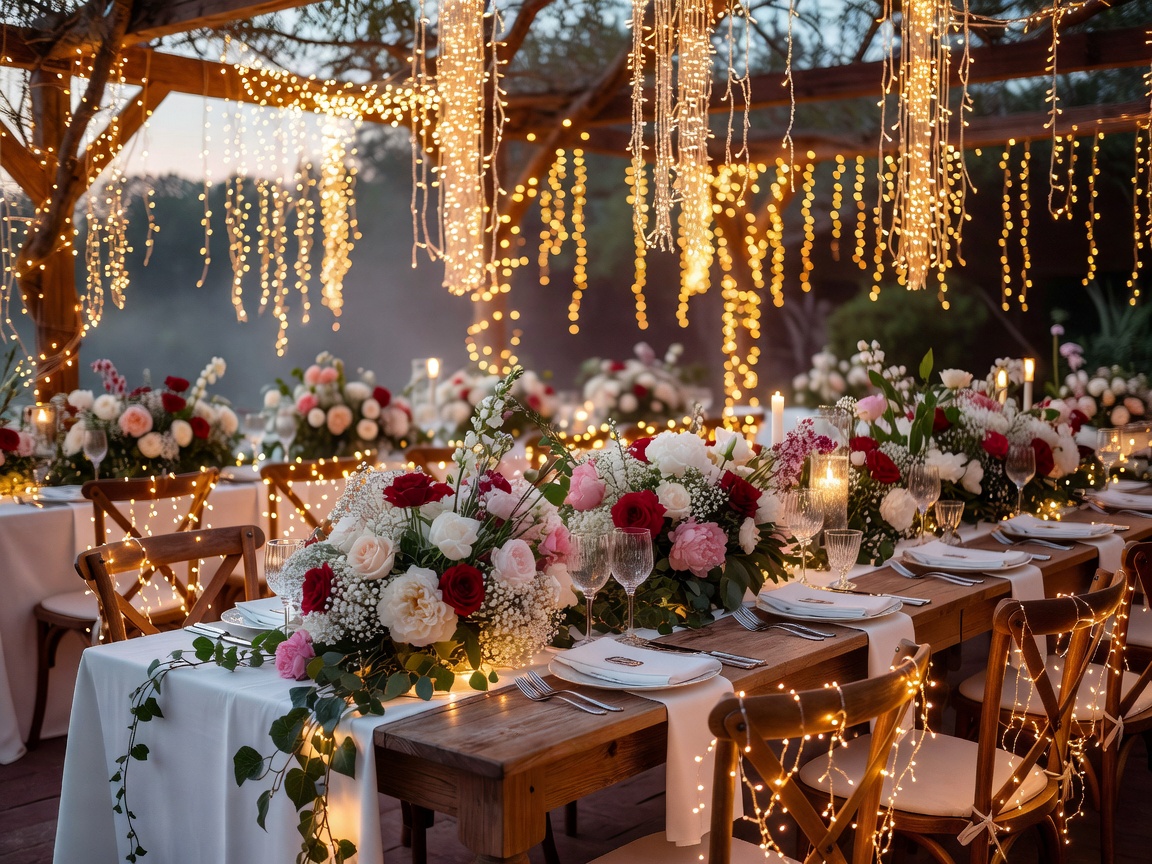 Atmospheric wedding fairy lights and floral tablescapes