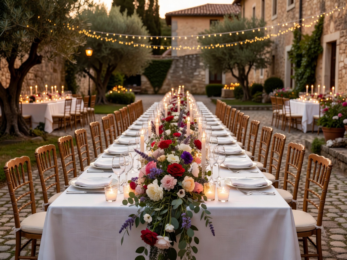 Beautiful outdoor European wedding dinner table arranged with warm lighting and fresh floral runners