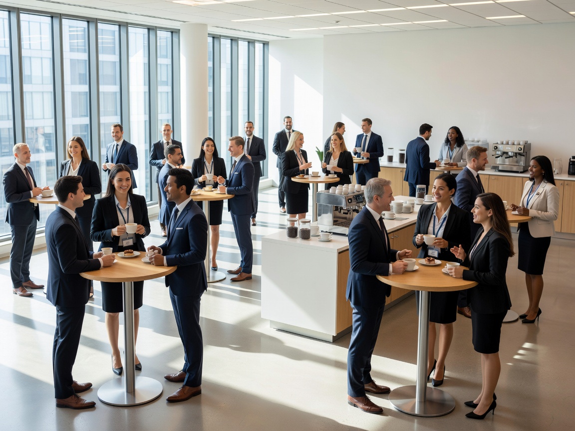Bright conference networking lounge with standing tables and espresso stations