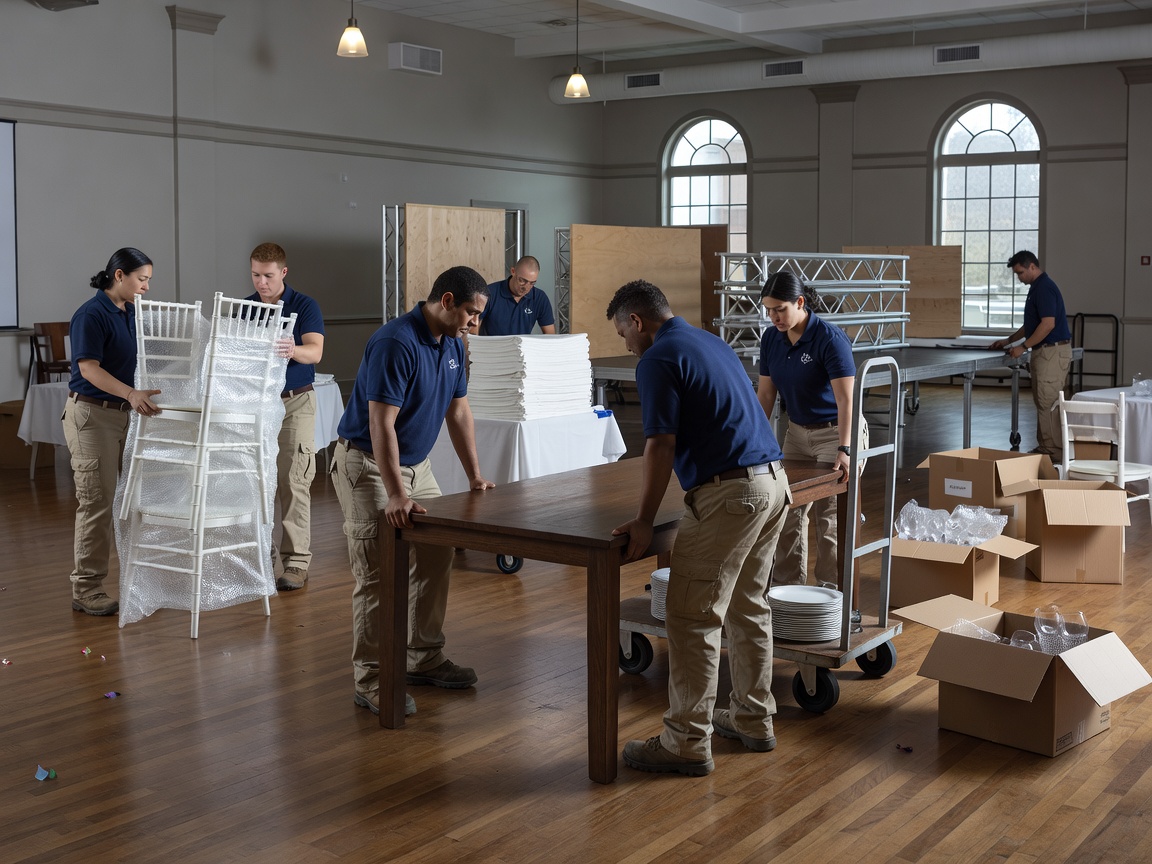Event setup crew carefully packing furniture and rentals post-party