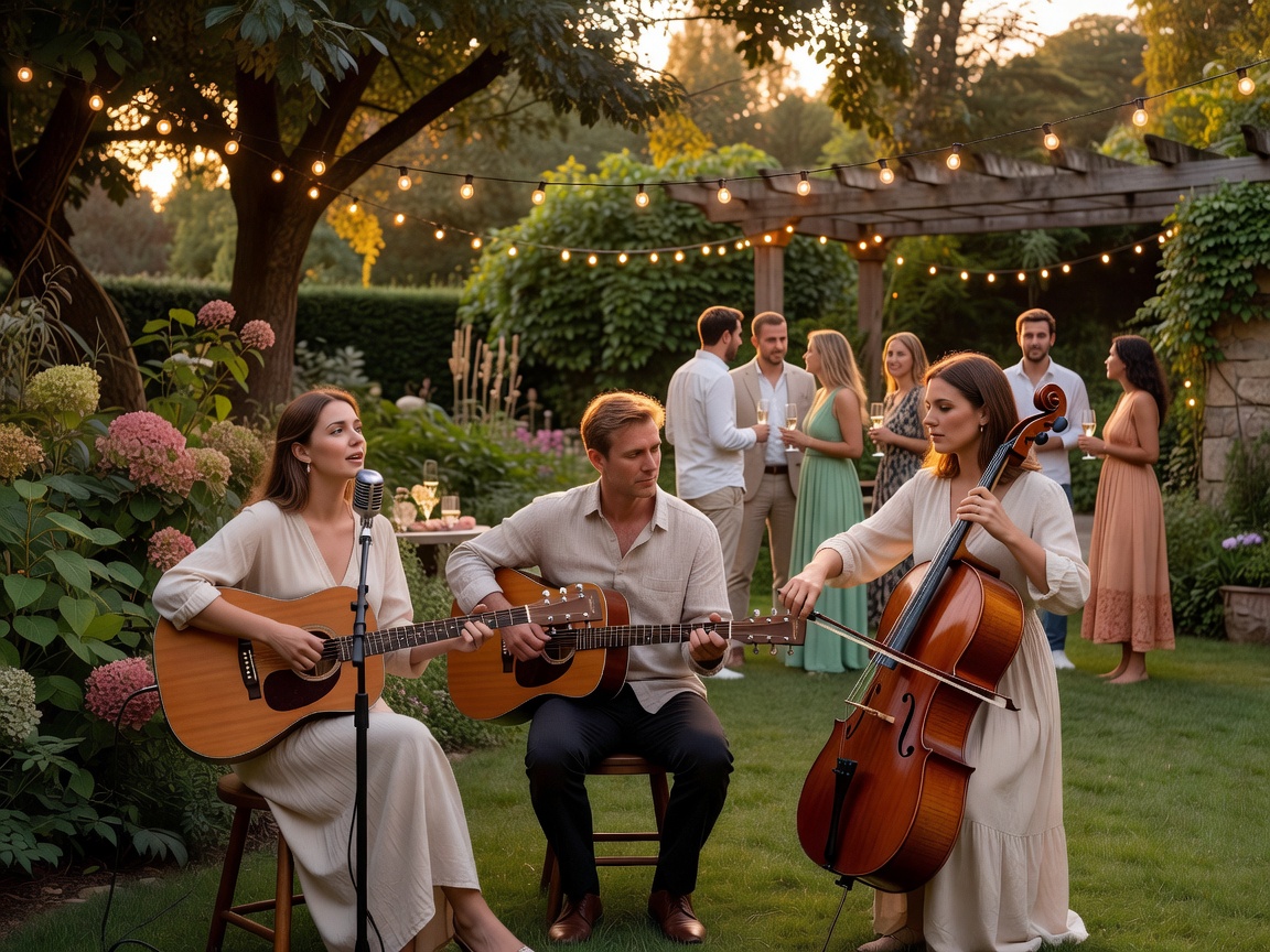 Live acoustic trio performing gently at an evening garden reception