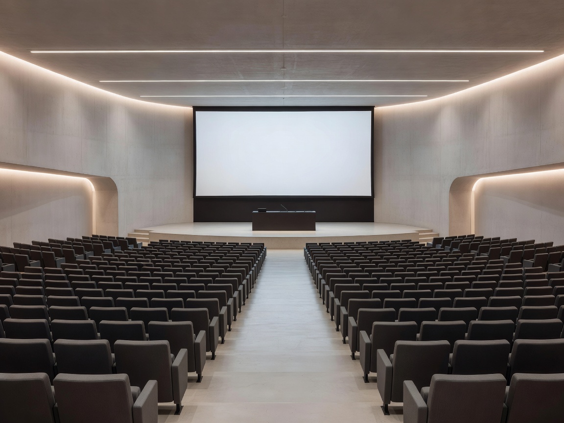 Modern European conference amphitheater with keynote presentation setup