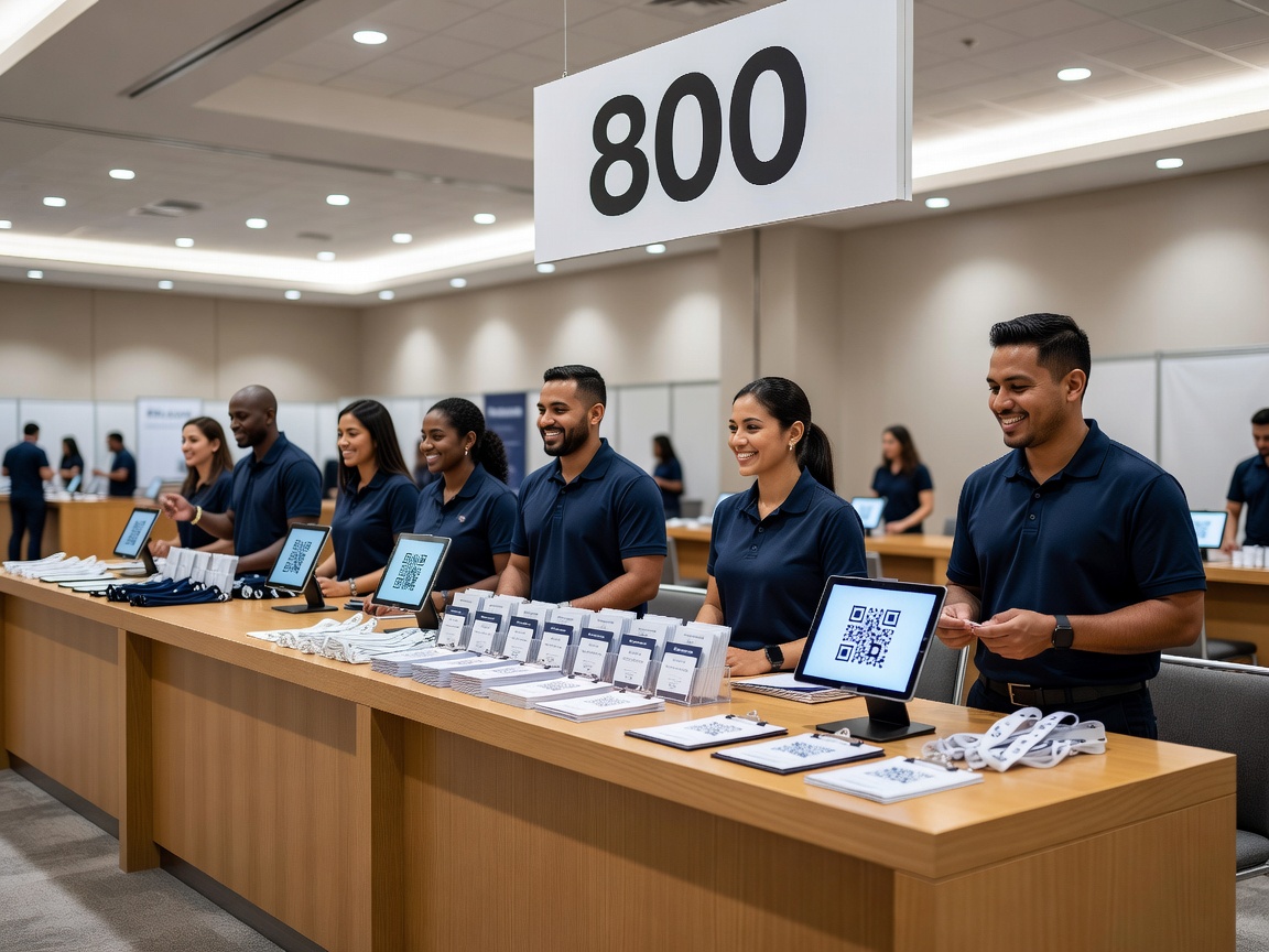 Organized conference badge pickup desk with friendly staff and QR check-in