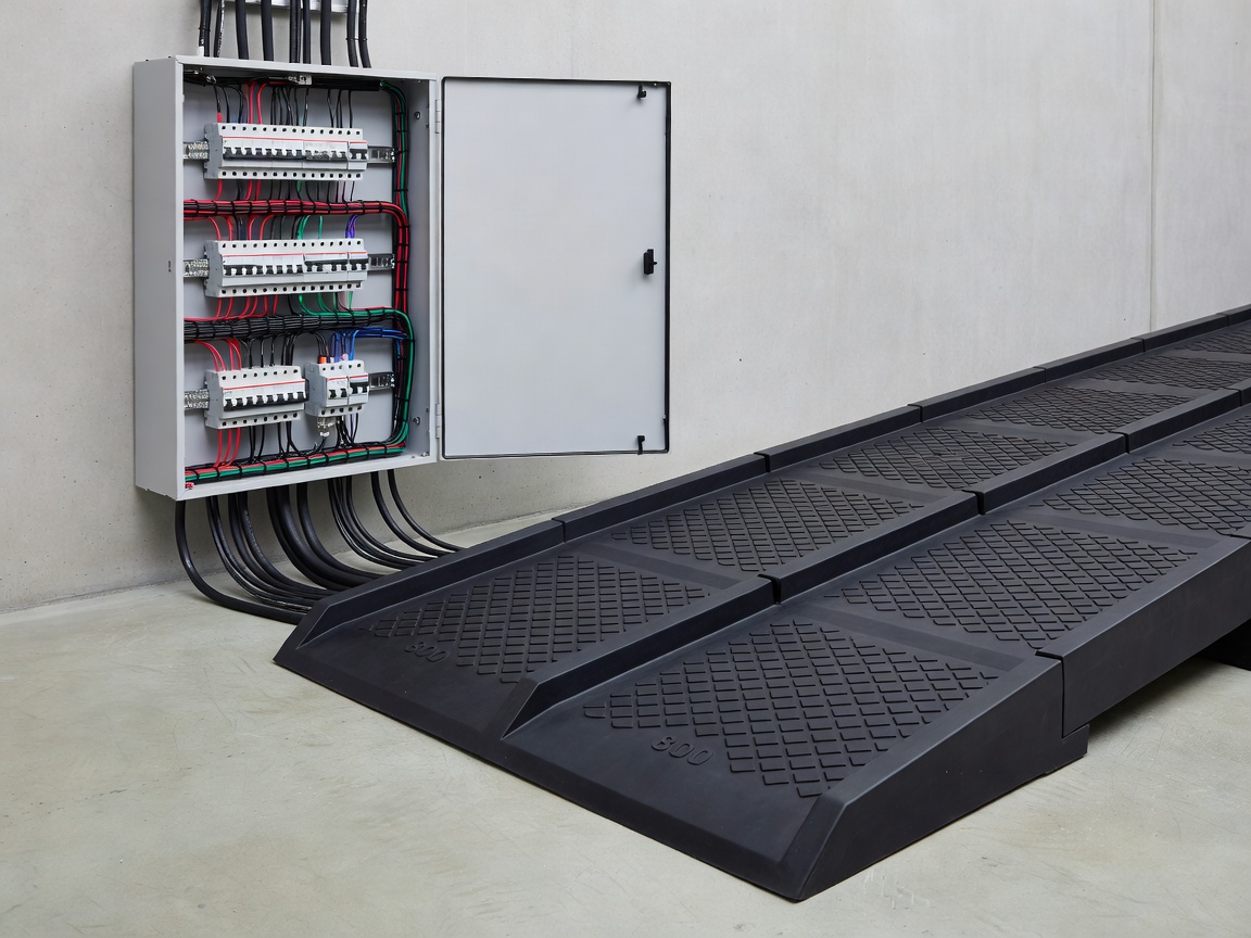 Organized electrical distribution panel and safe rubberized cable ramps