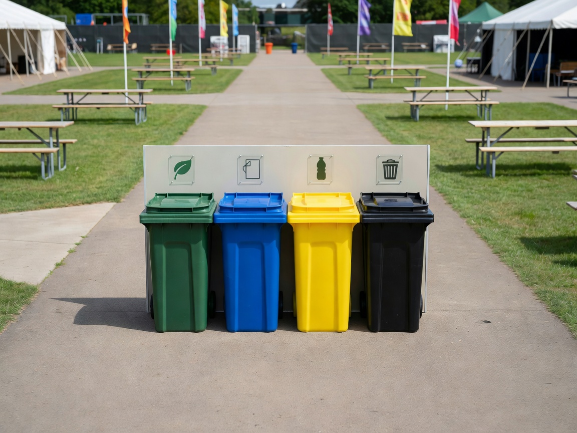 Organized festival waste sorting station and clean outdoor venue grounds