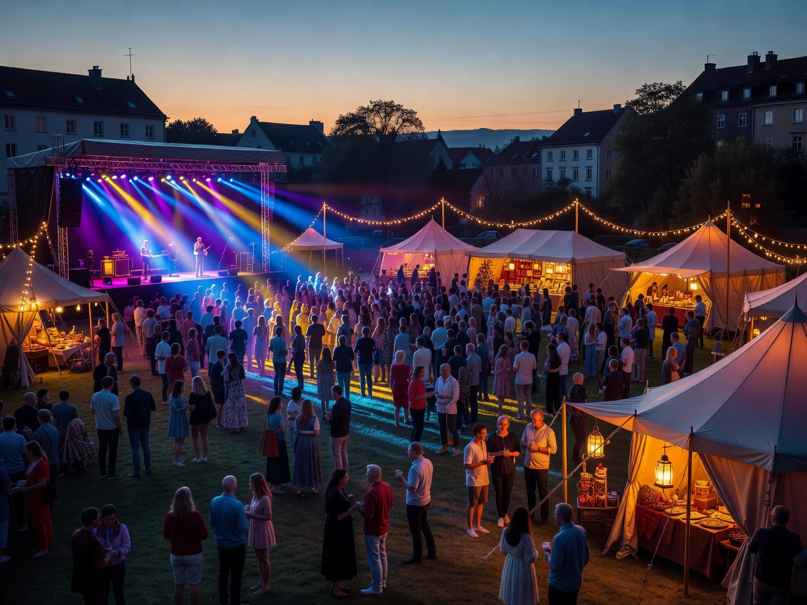 Outdoor European festival grounds with ambient stage lighting, vendor tents and evening crowd