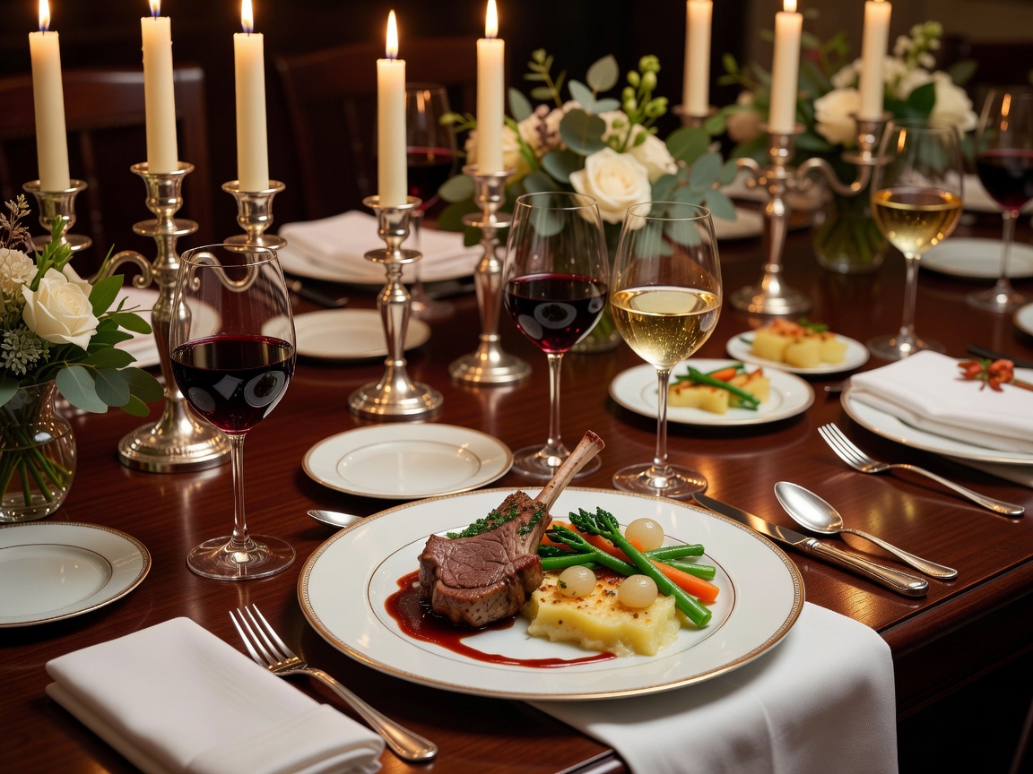 Plated European dinner and wine glasses set for celebration