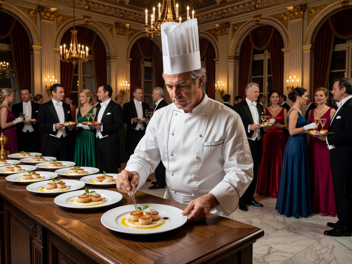 Private chef preparing bespoke dinner course for European social gathering