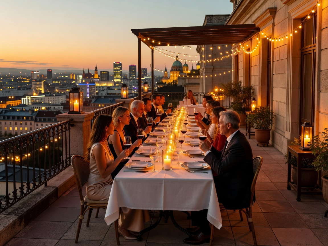 Private European rooftop evening dinner celebration with ambient warm lighting and city skyline