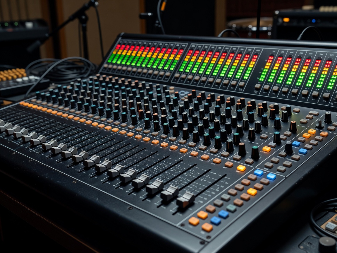 Professional sound mixing console with level indicators active during rehearsal