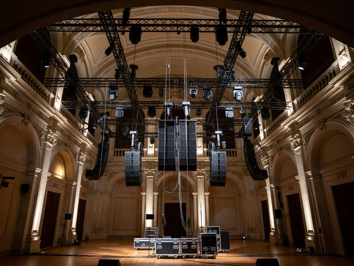Rigging, architectural uplighting and technical sound setup for European venue