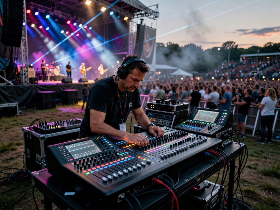 Sound engineer desk at an outdoor festival stage mixing live performance