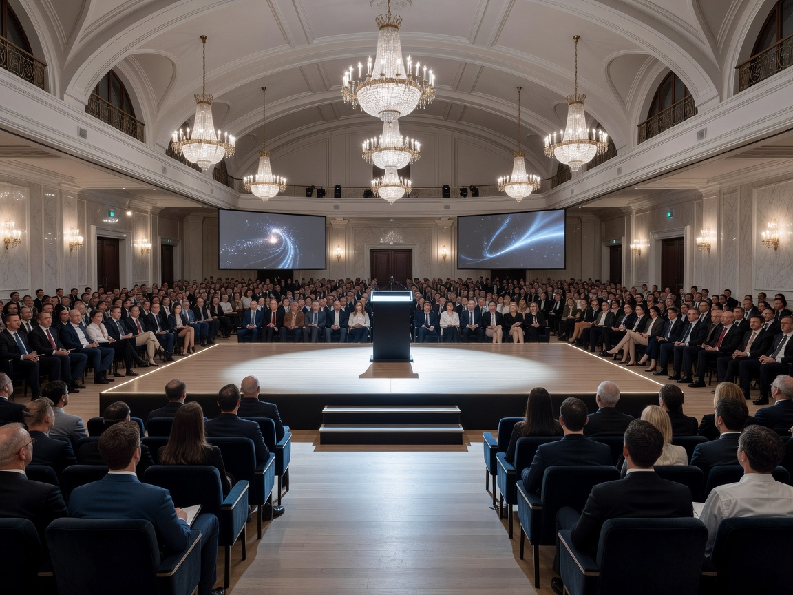 Spacious European conference auditorium with illuminated keynote stage and attendee seating