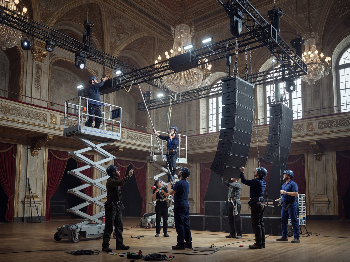 Technical production crew installing overhead lighting trusses and acoustic speaker arrays in a European venue