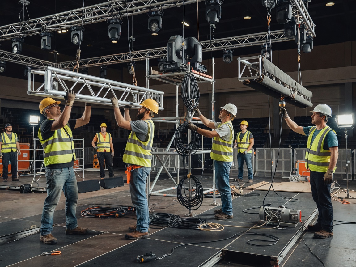 Technical production crew safely disassembling lighting rigs and staging post-event