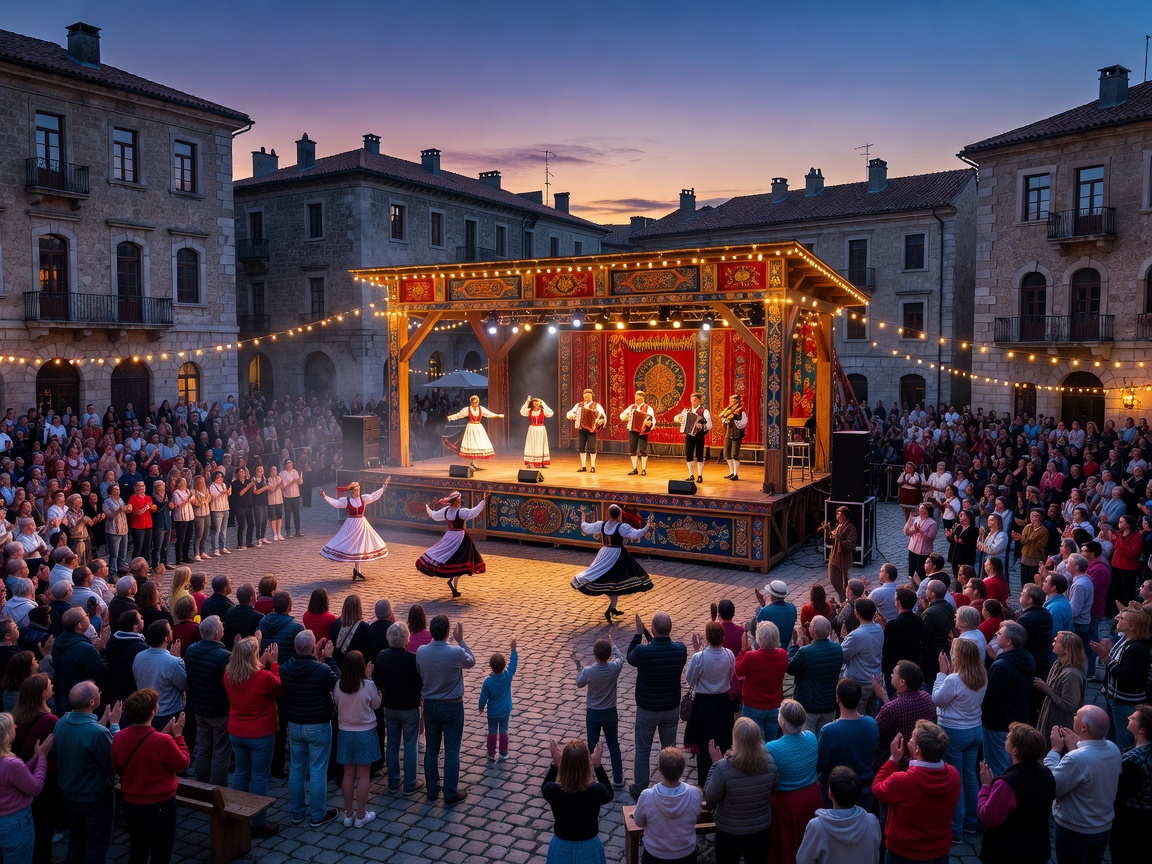 Vibrant outdoor European cultural festival stage at twilight with audience areas