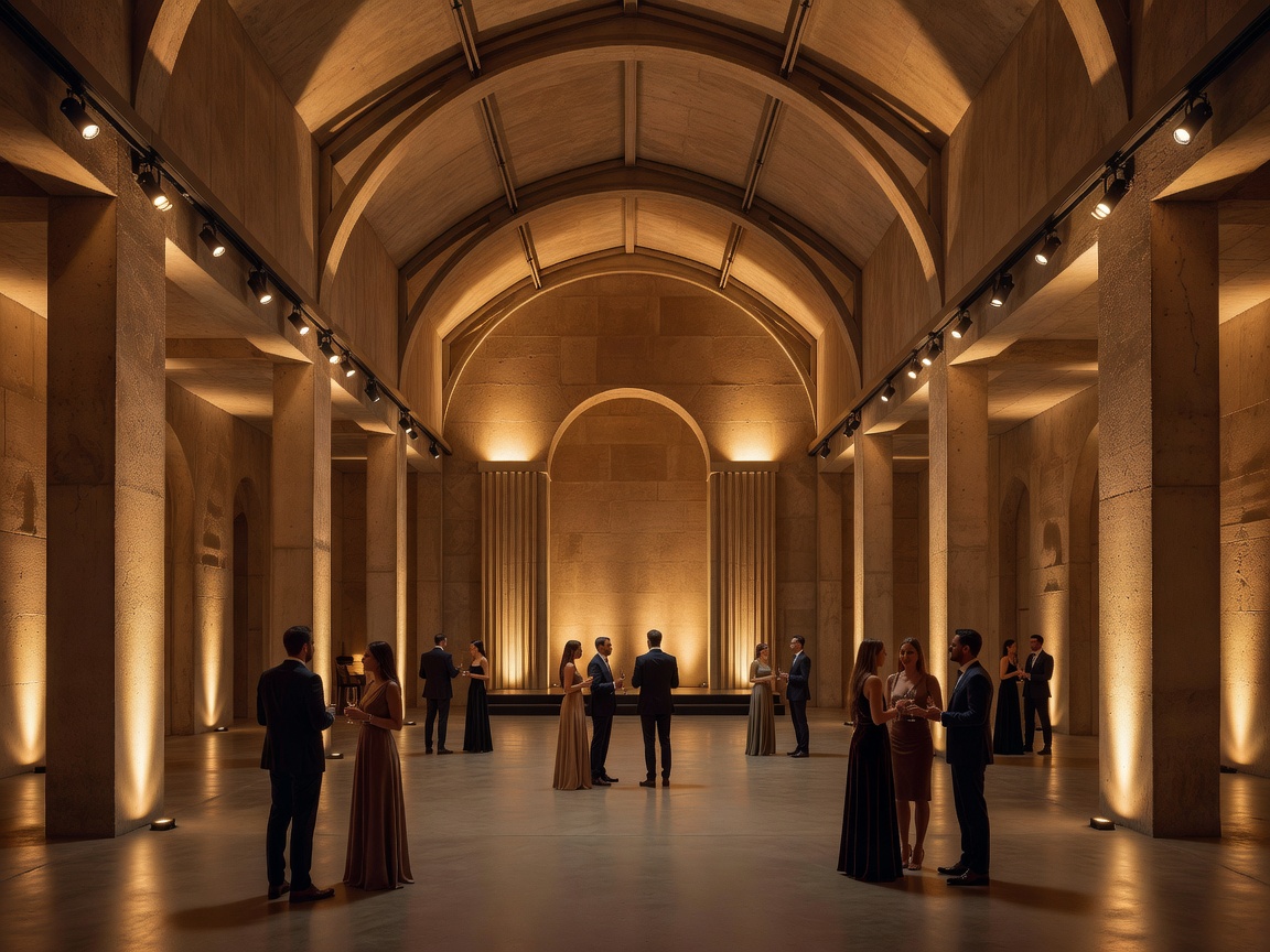 Warm ambient uplighting and warm spotlights framing an architectural event hall