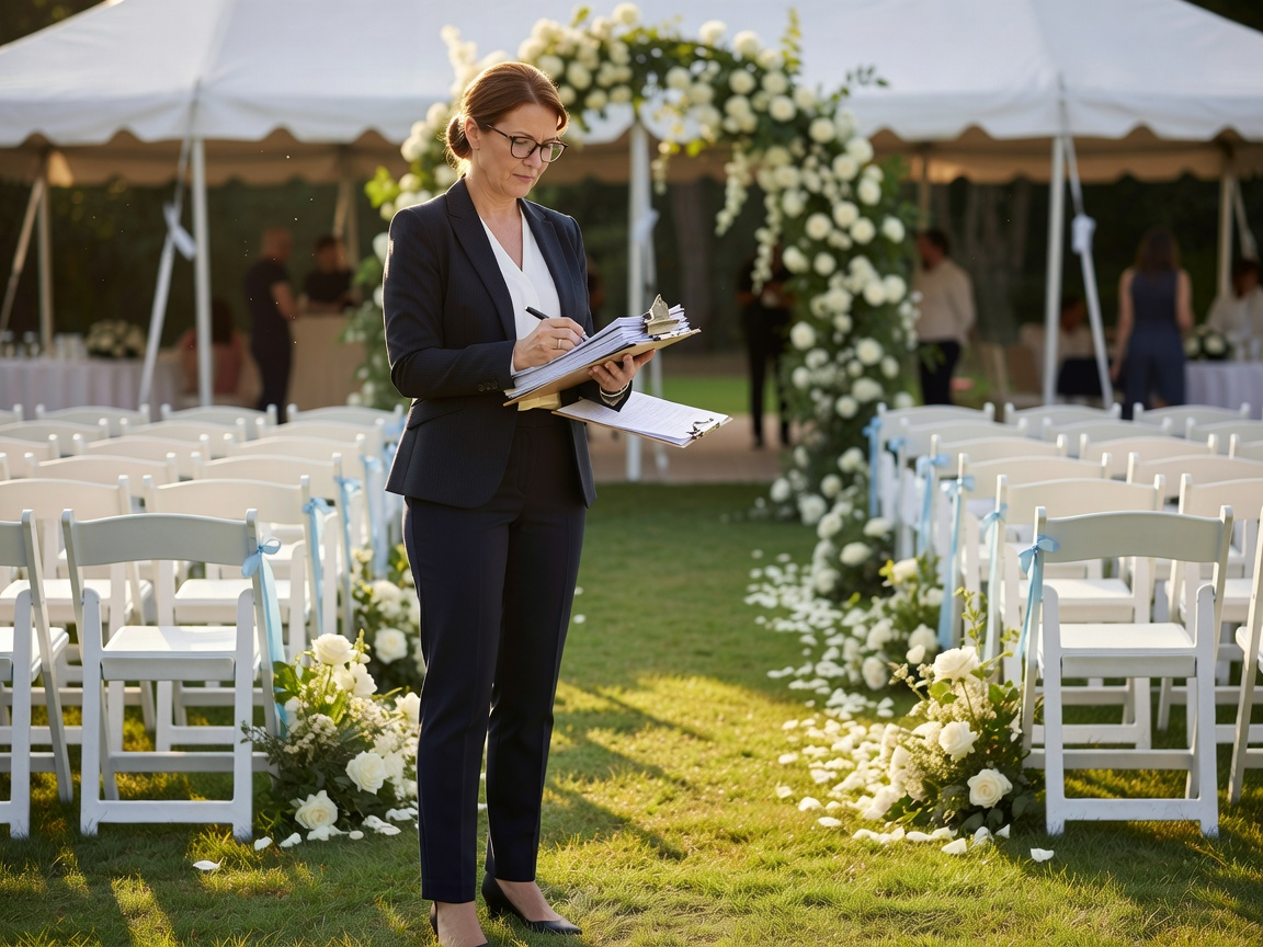 Wedding planner checking clipboards and schedules before the ceremony